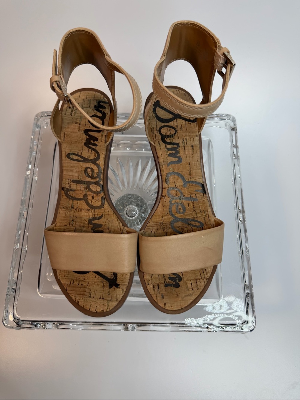 Sam Edelman Teri FF Beige Leather gold Block Heel Sandals - Women 7 - Picture 2 of 8